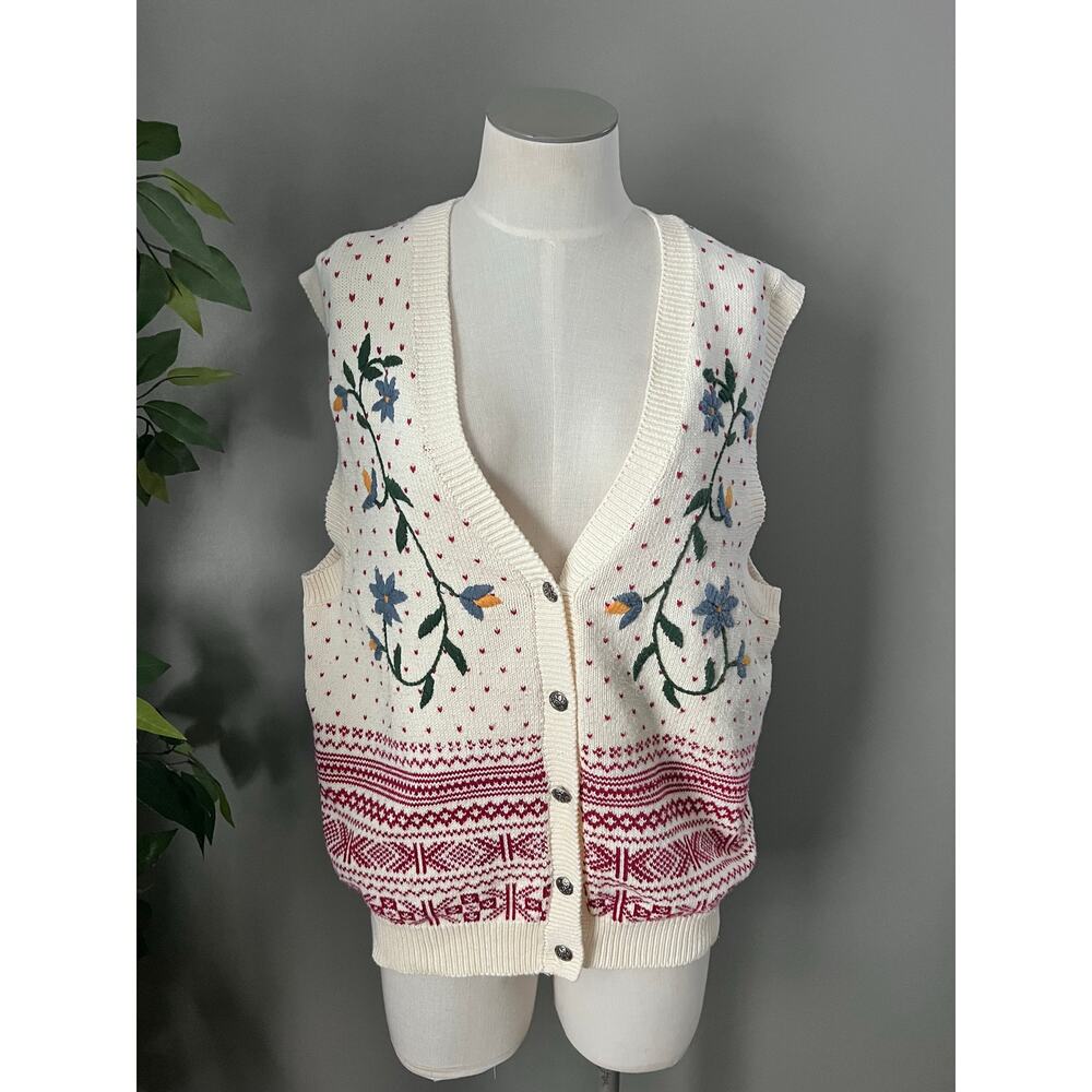 Vintage Cottagecore Charter Club Hand Embroidered Fair Isle Sweater Vest Sz M